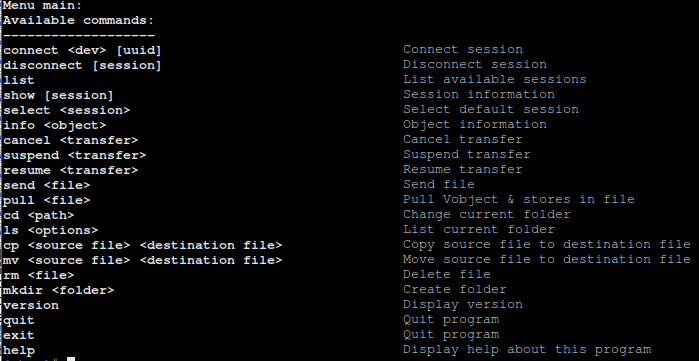 Obexctl menu
