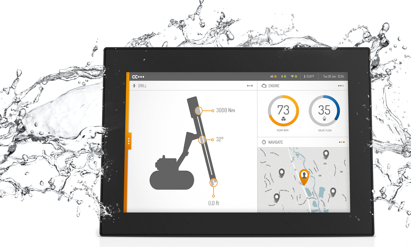 Display computer in water splash with contruction gui