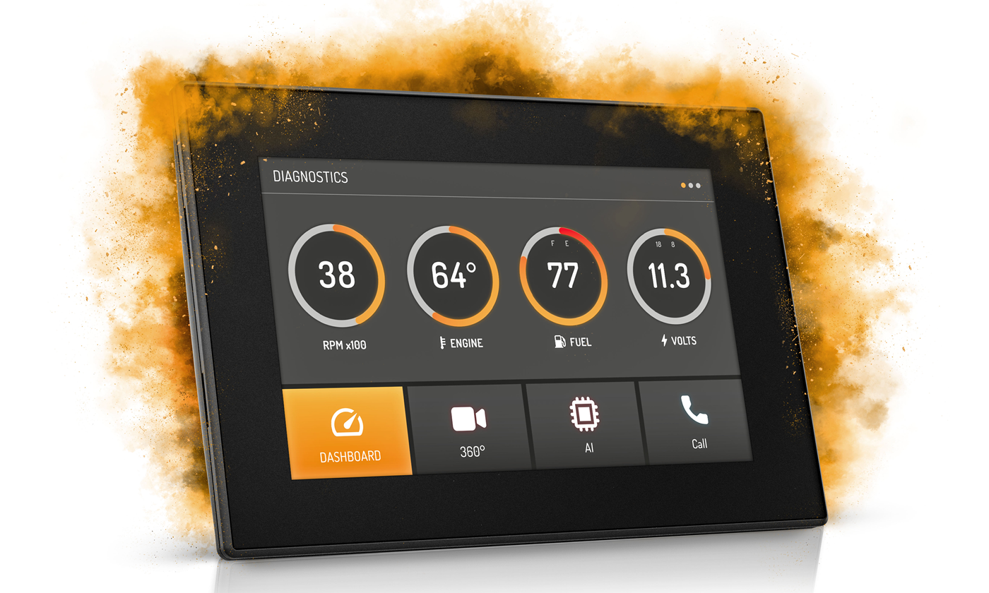CCpilot V705 display computer in dust cloud with GUI