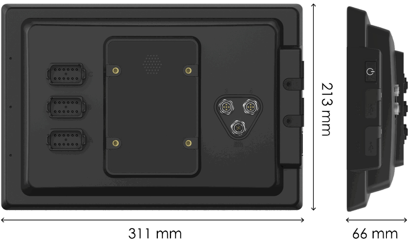 Backside and sideview of CCpilot VS with measurements.