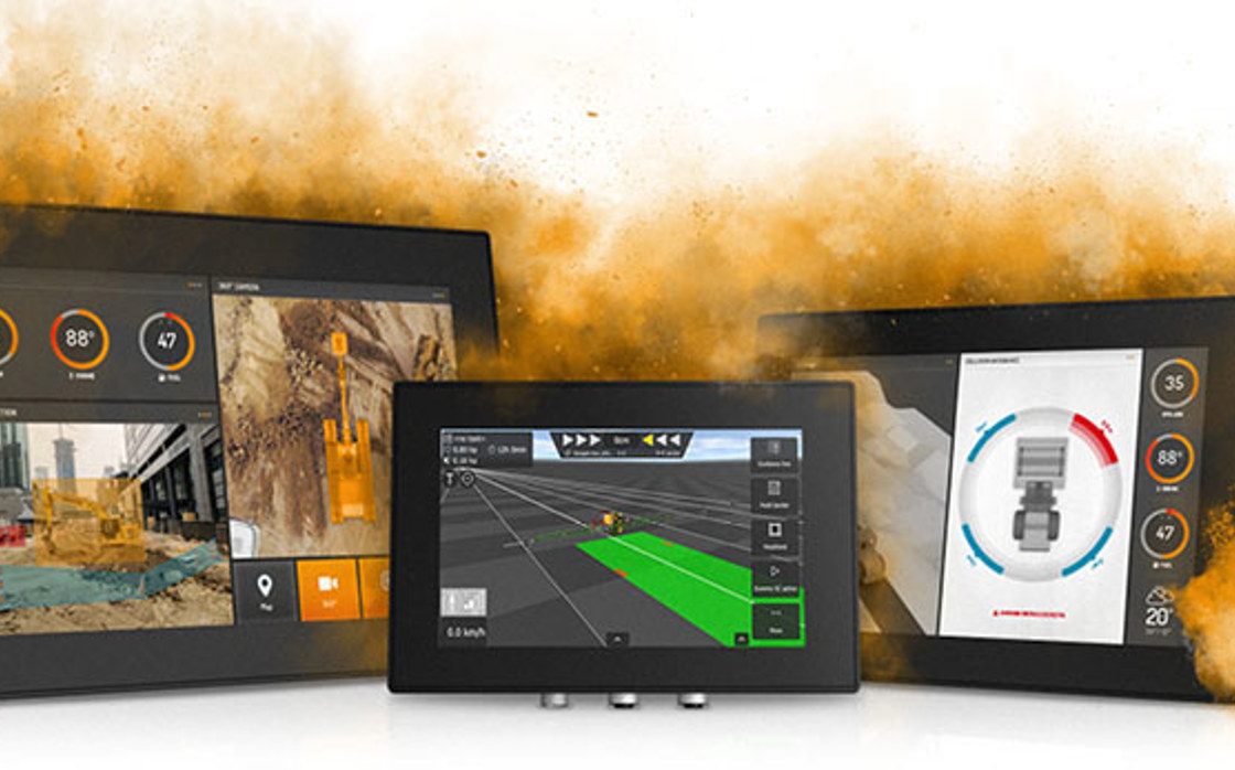 Three display computers in dust cloud.