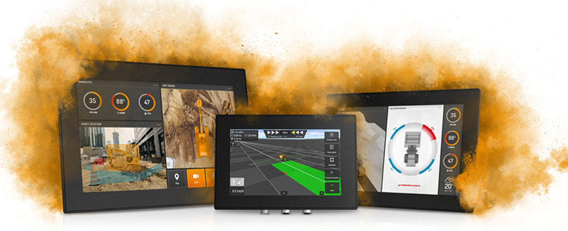 Three display computers in dust cloud.