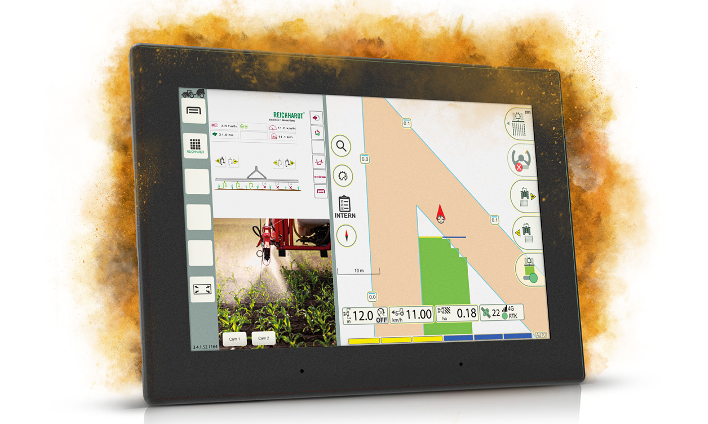 Display computer CCpilot V1290 with agricultural GUI in orange dust cloud. 