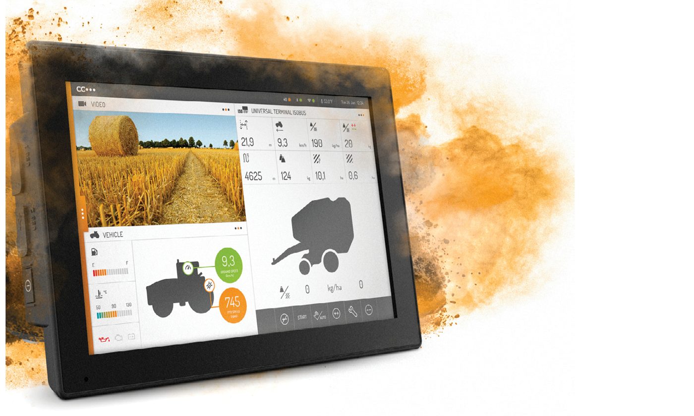 CCpilot VS display computer in dust cloud with ISOBUS GUI.