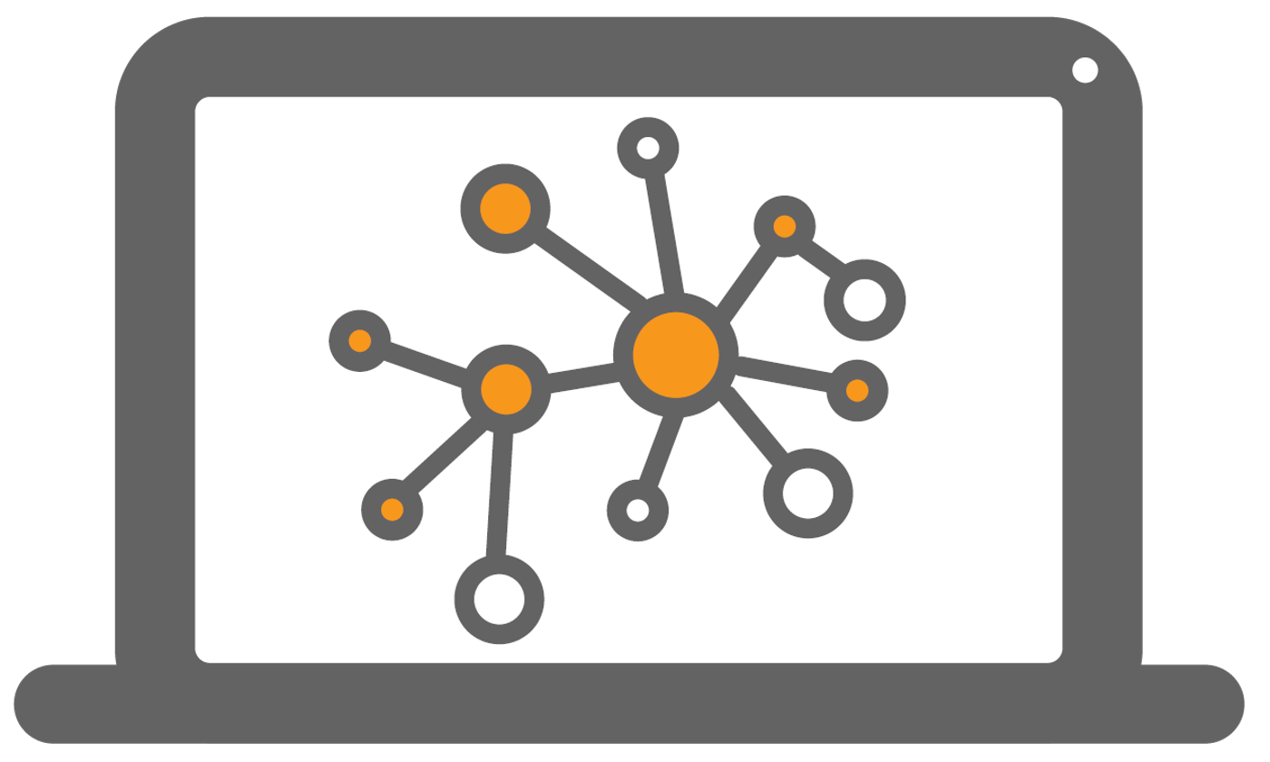 Grey and orange icon of display computer and connectivity
