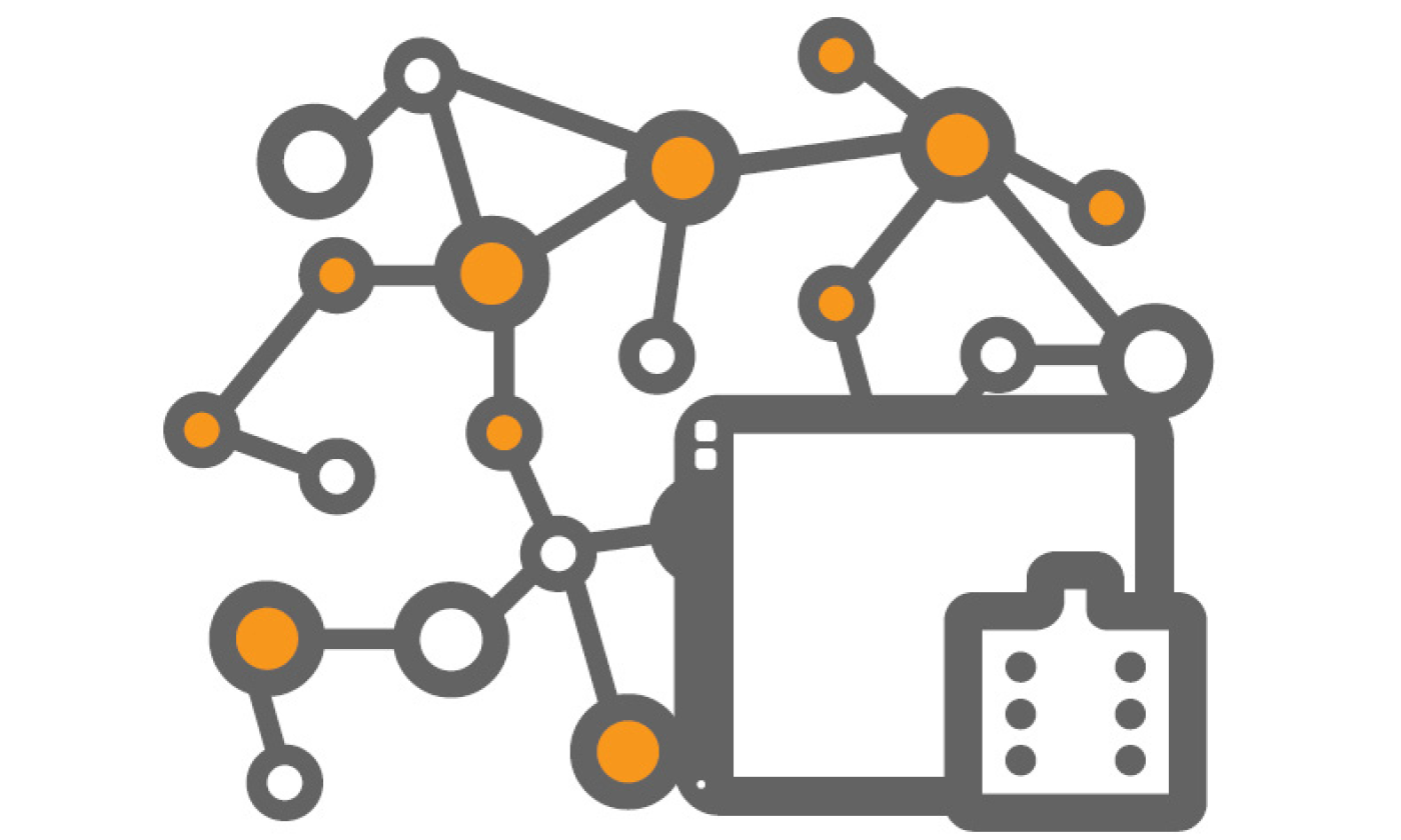 Grey and orange graphic with controllers and display computers representing CAN traffic.