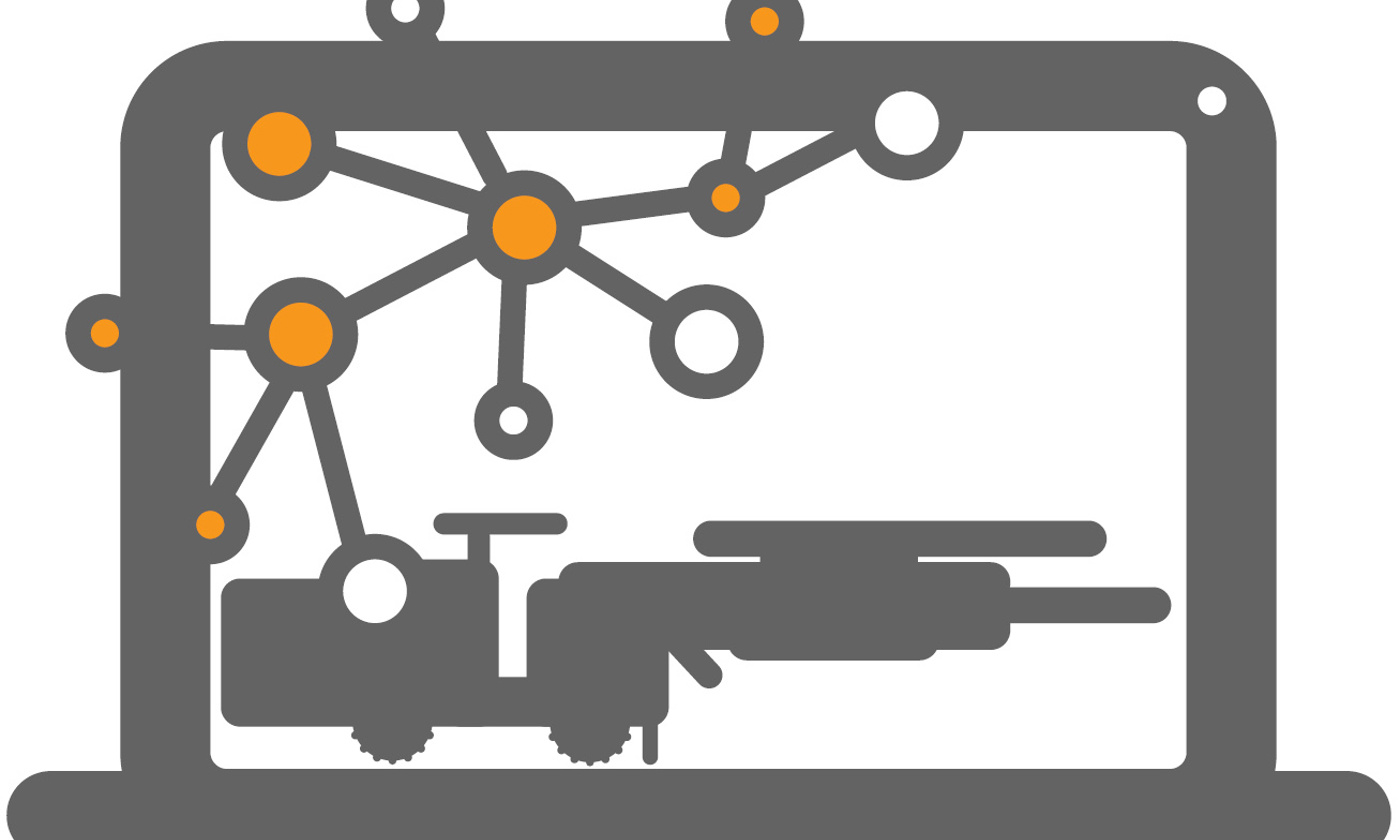 Grey and orange graphic showing a display computer with remote connectivity.