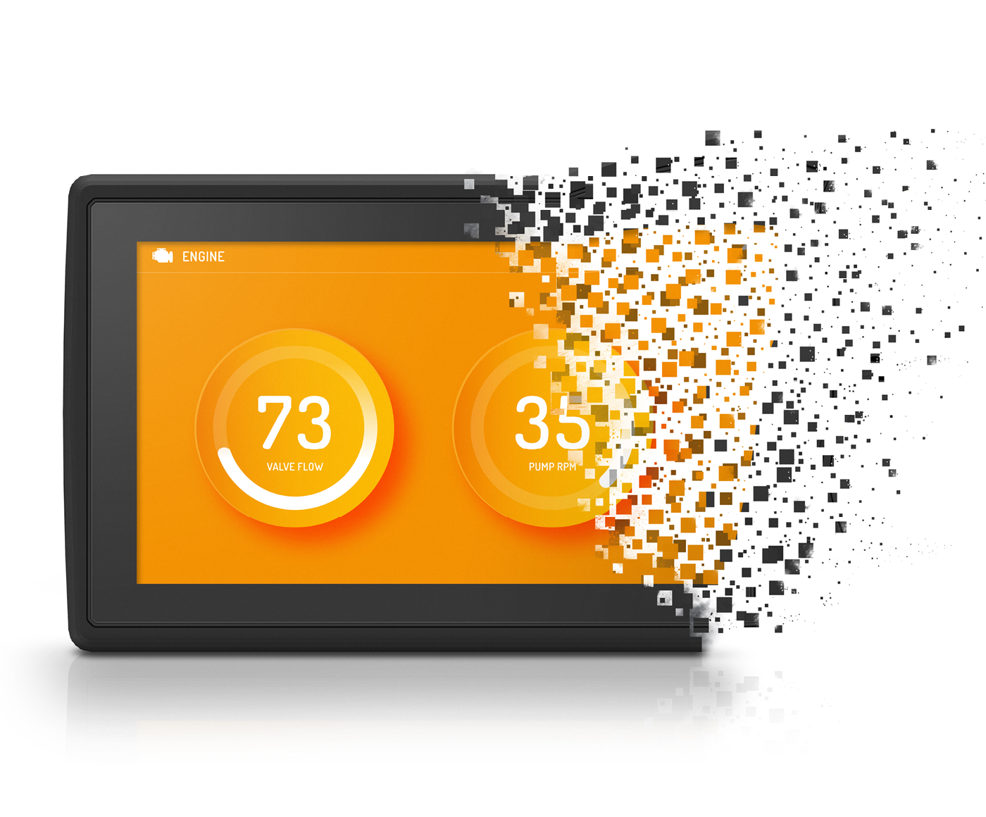 Display computer showing orange HMI materialixing into pixels