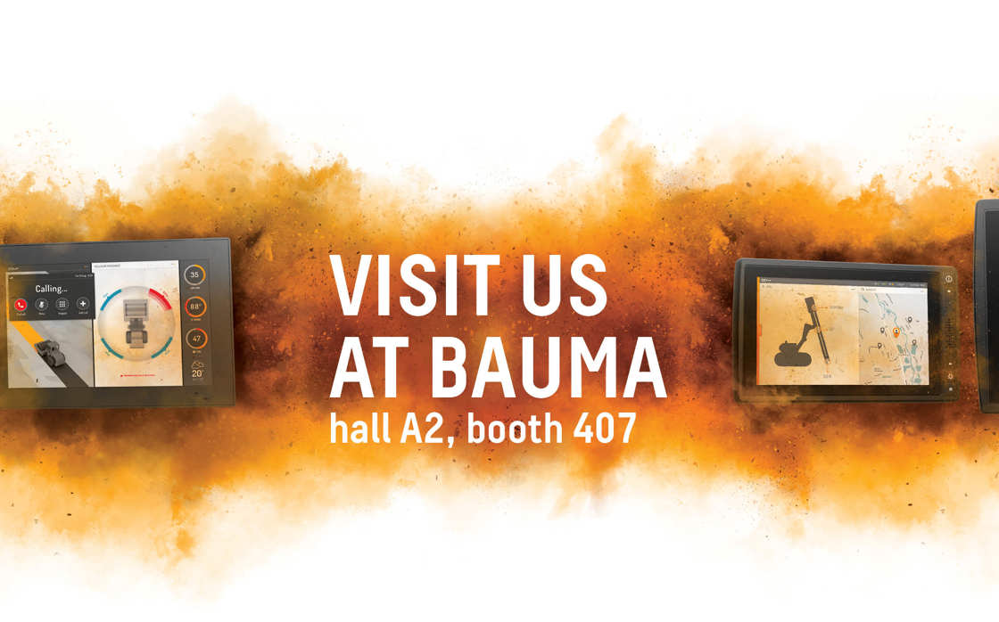 Display computers in dust cloud with text promoting Bauma.