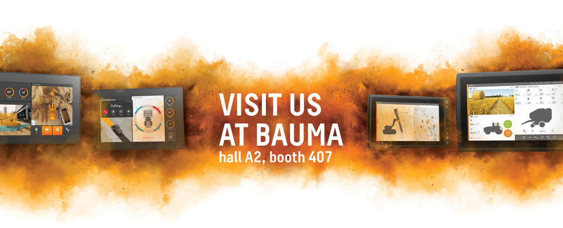 Display computers in dust cloud with text promoting Bauma.