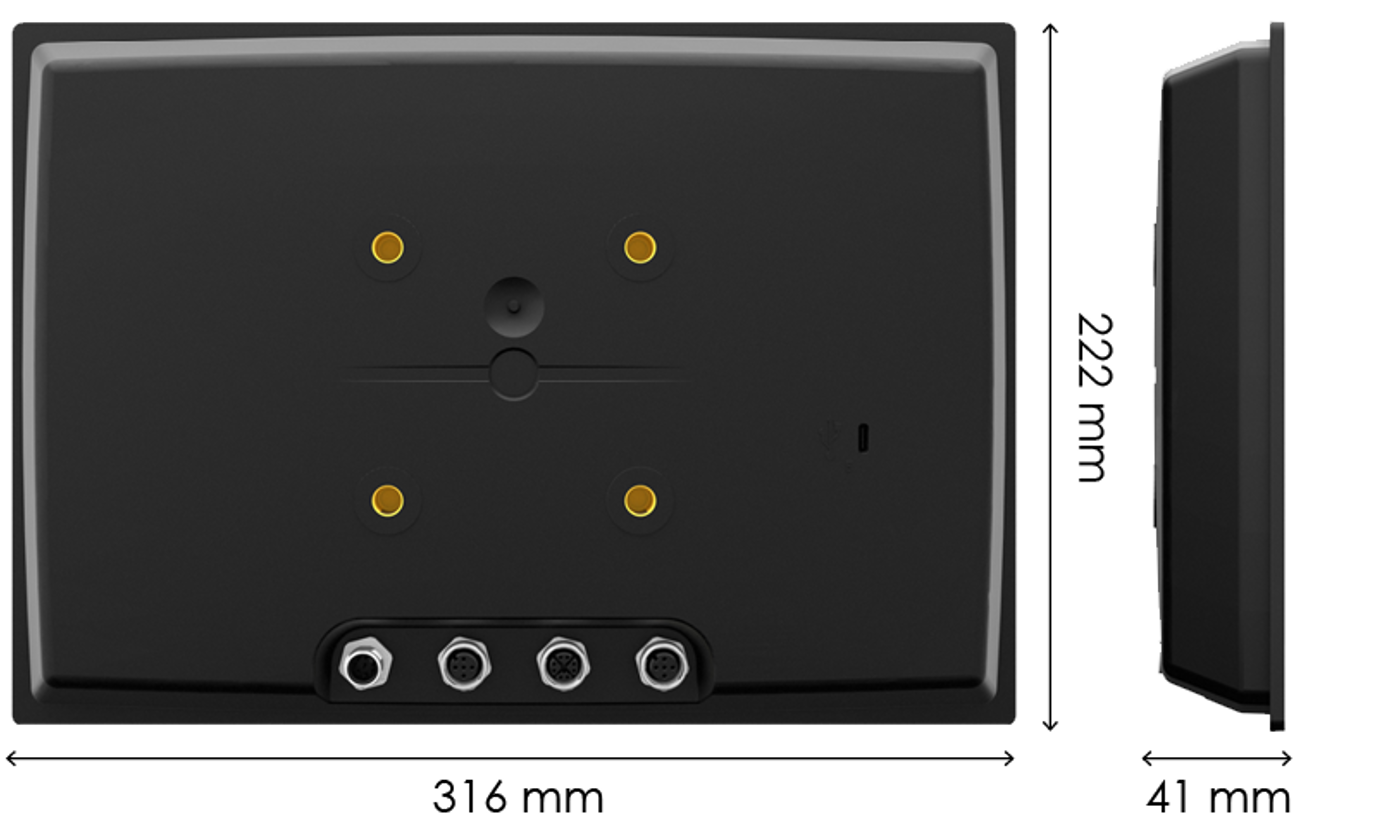 Backside and sideview of CCpilot V1200 with measurements.