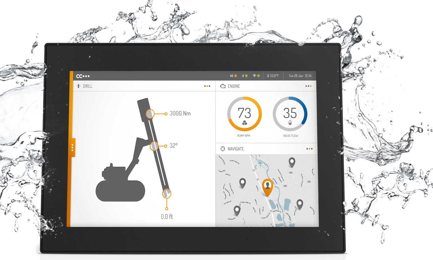 CCpilot V1200 display computer in water splash
