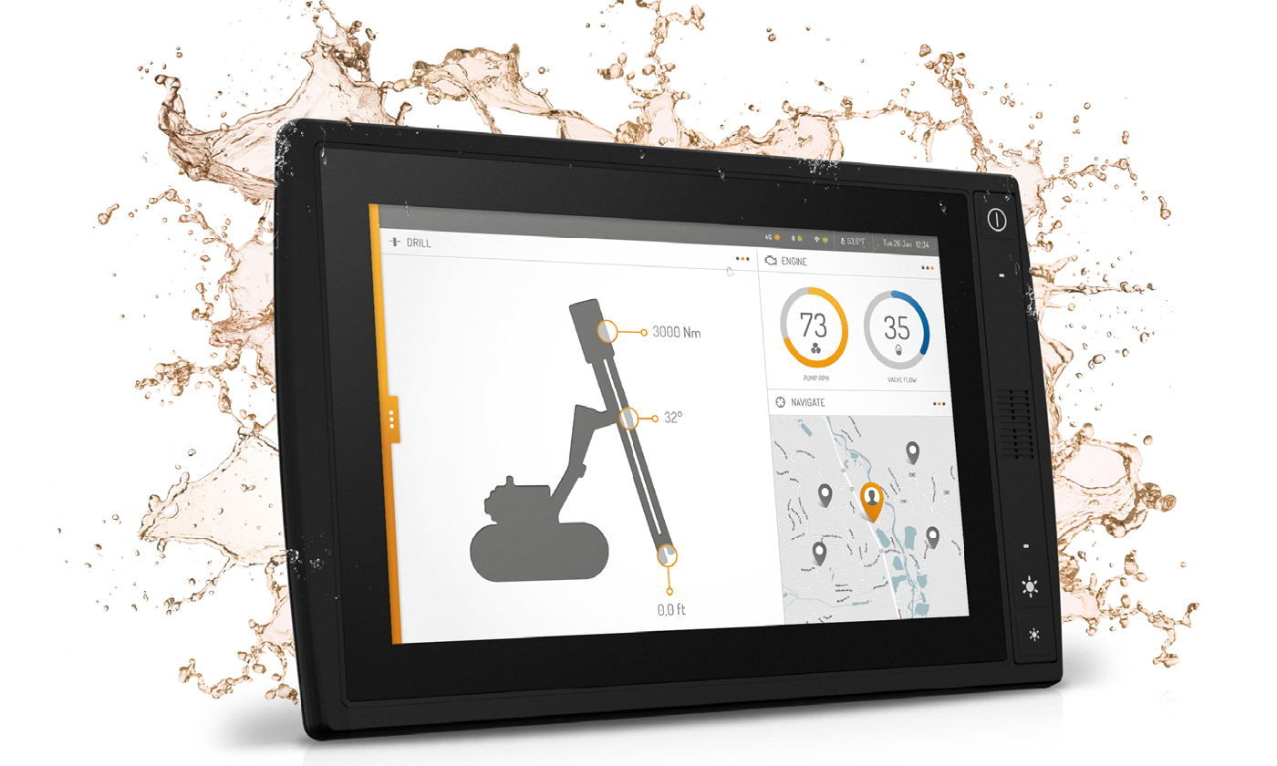 CCpilot X1400 display computer with construction HMI and water splash.
