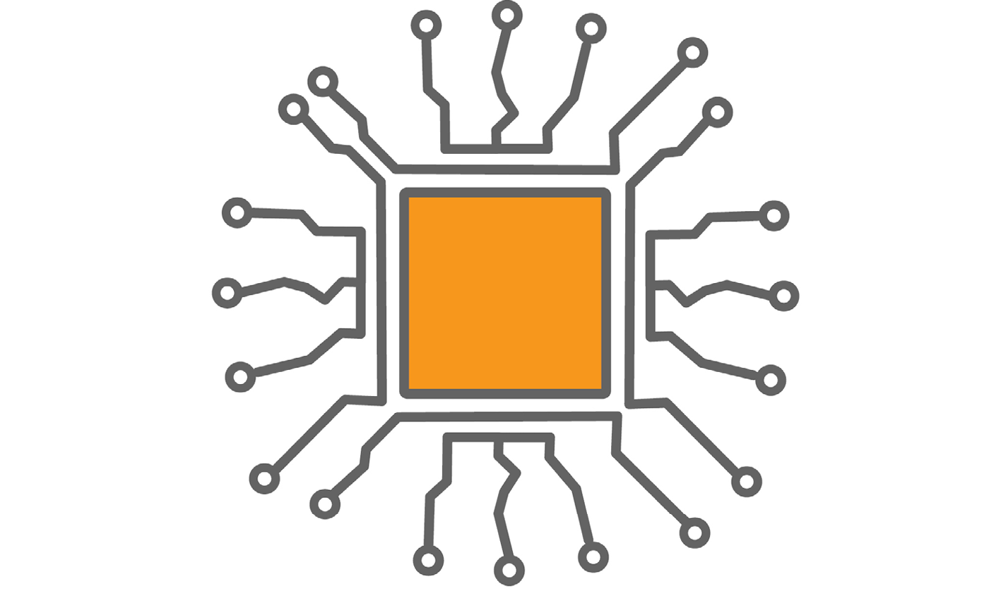 Grey and orange icon of electronic circuit