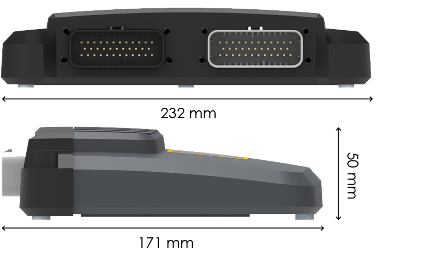 CrossFire SX controller unit with measurements.