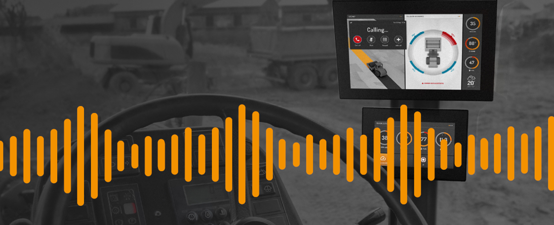 Vehicle cabin with display computers covered with audio waves