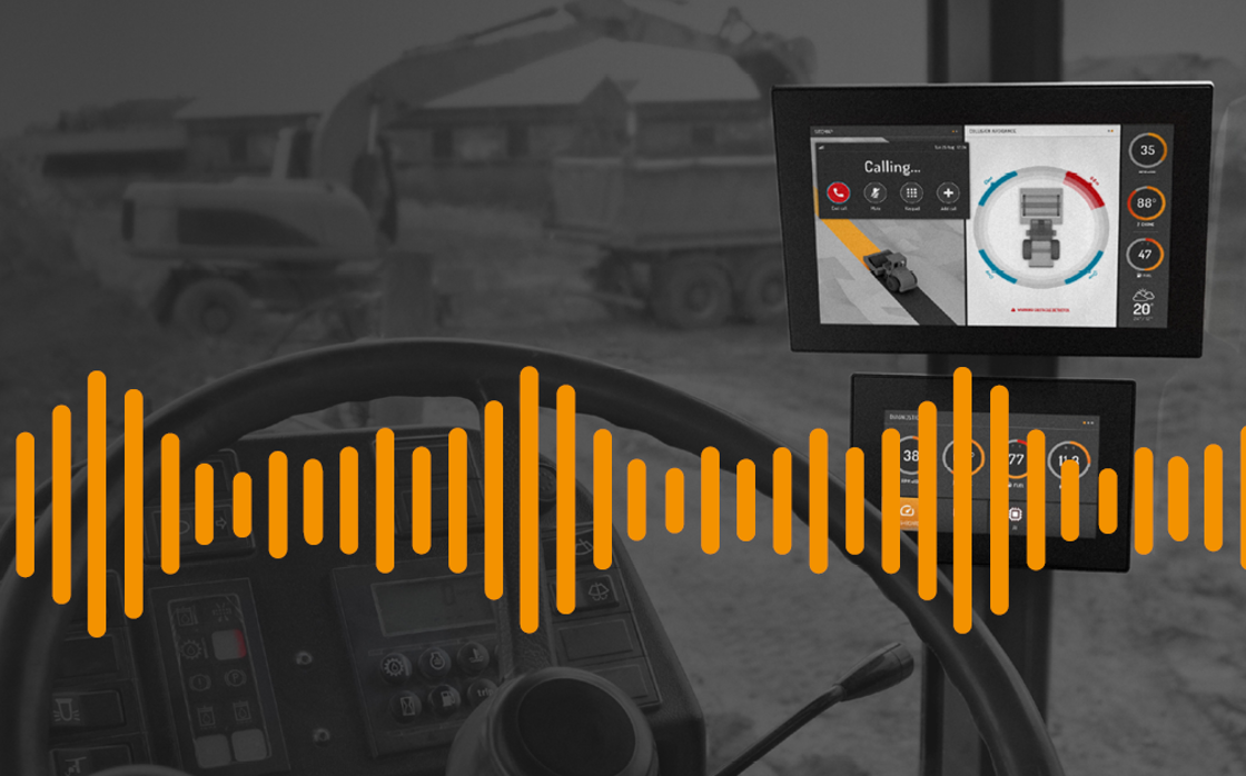 Vehicle cabin with display computers covered with audio waves