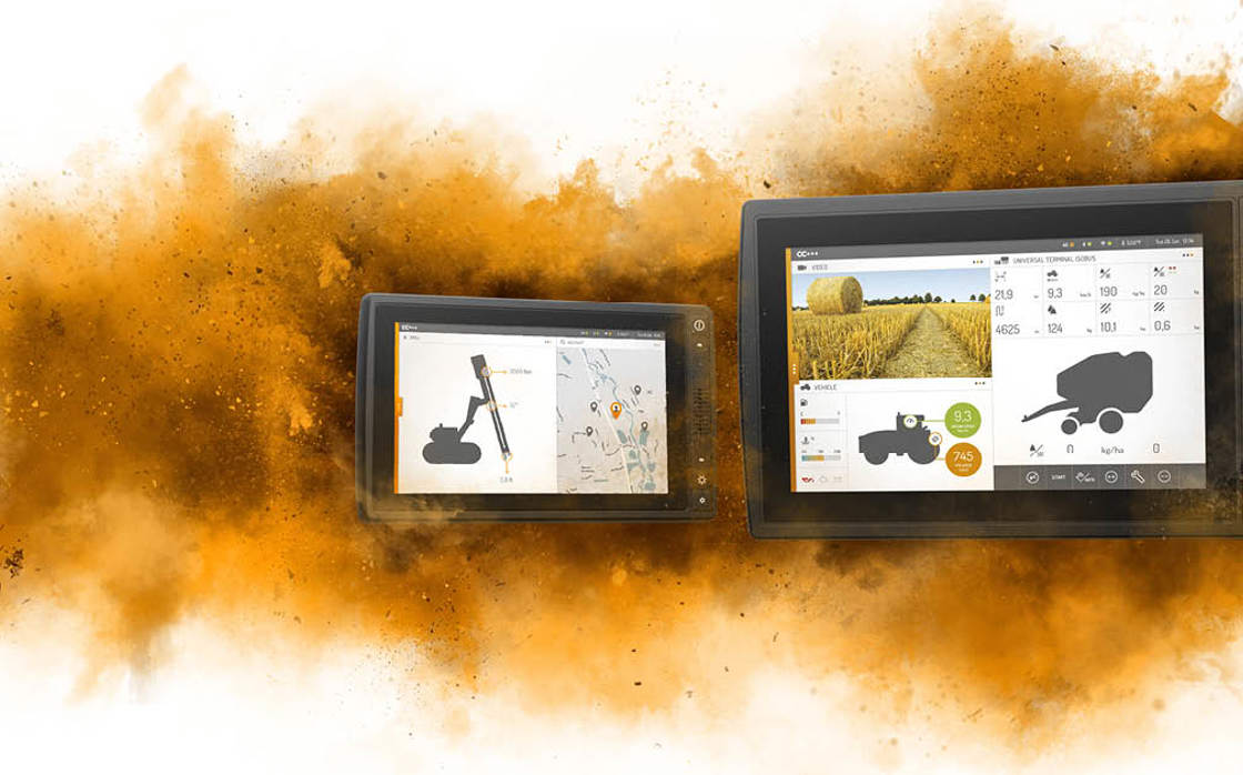 Display computers in orange dust cloud