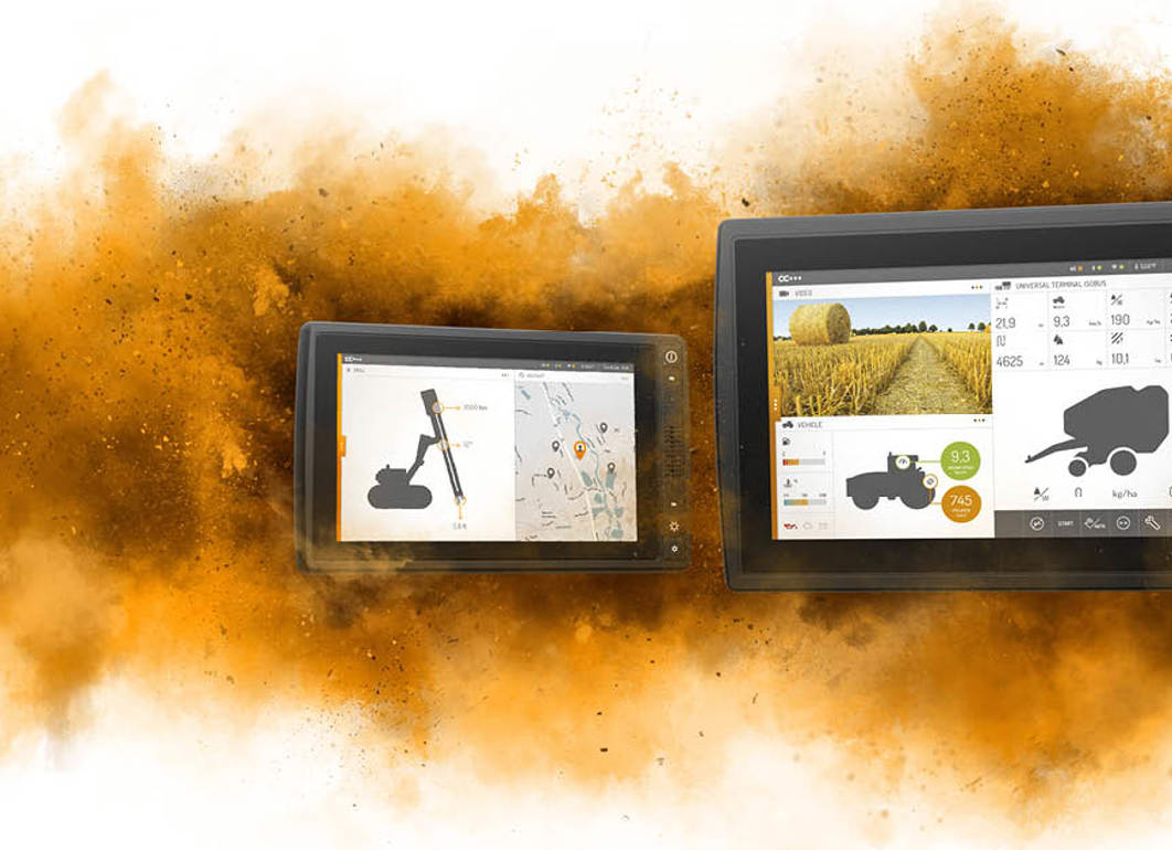 Display computers in orange dust cloud