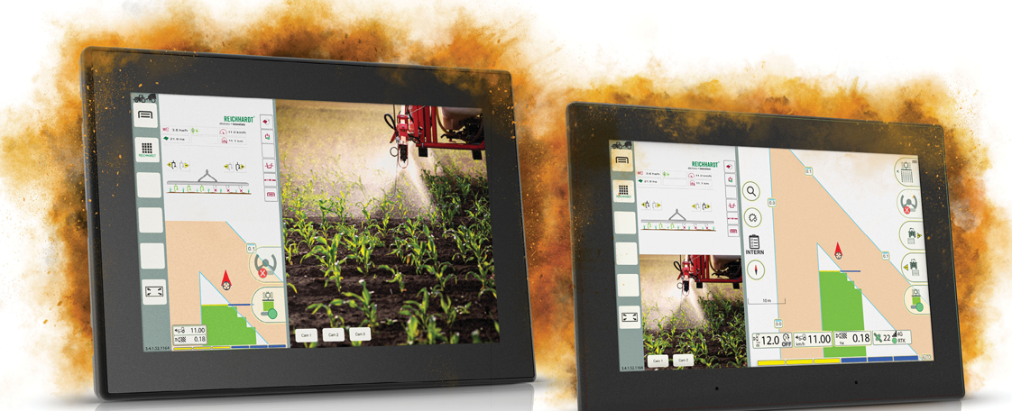 CCpilot V1090 and CCpilot V1290 display computers in dust cloud displaying ISOBUS gui