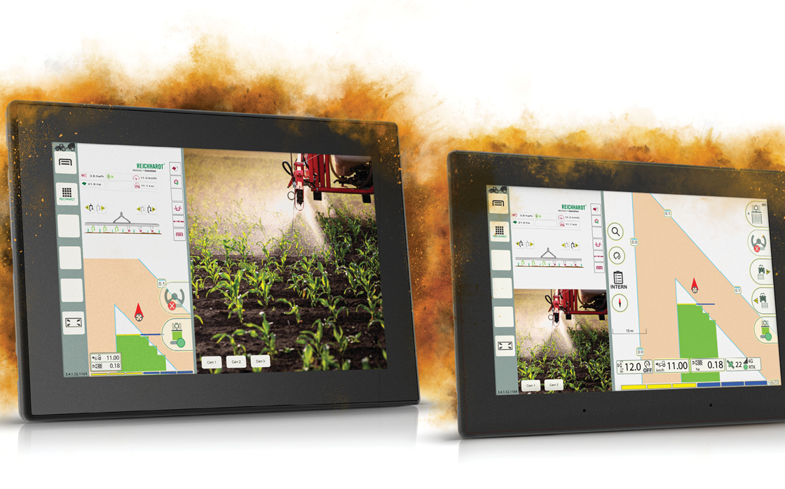 CCpilot V1090 and CCpilot V1290 display computers in dust cloud displaying ISOBUS gui