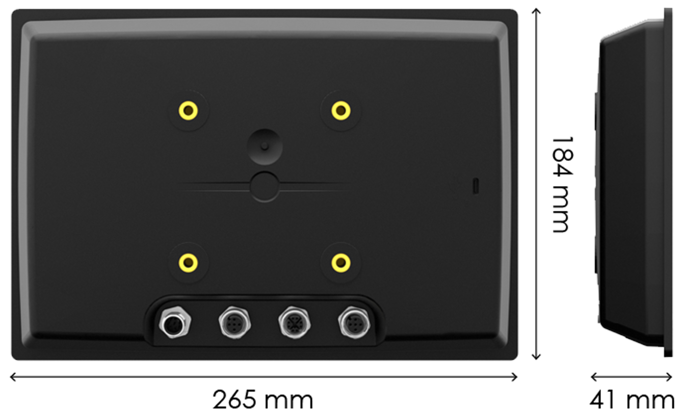 Backside and sideview of CCpilot V1000 with measurements