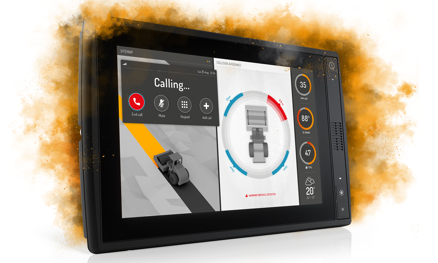 CCpilot X1200 display computer construction GUI in dust cloud.