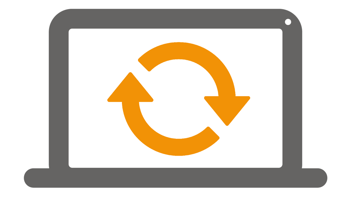 Icon of a display computer with arrow for updating software