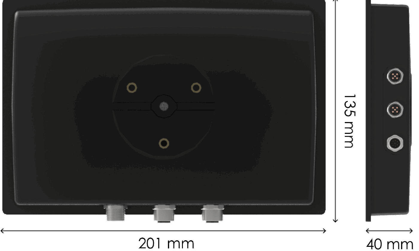 Backside and sideview of the CCpilot V700 display computer with measurements.