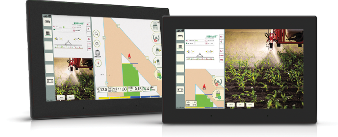 Two displays on white background with integrated network switch