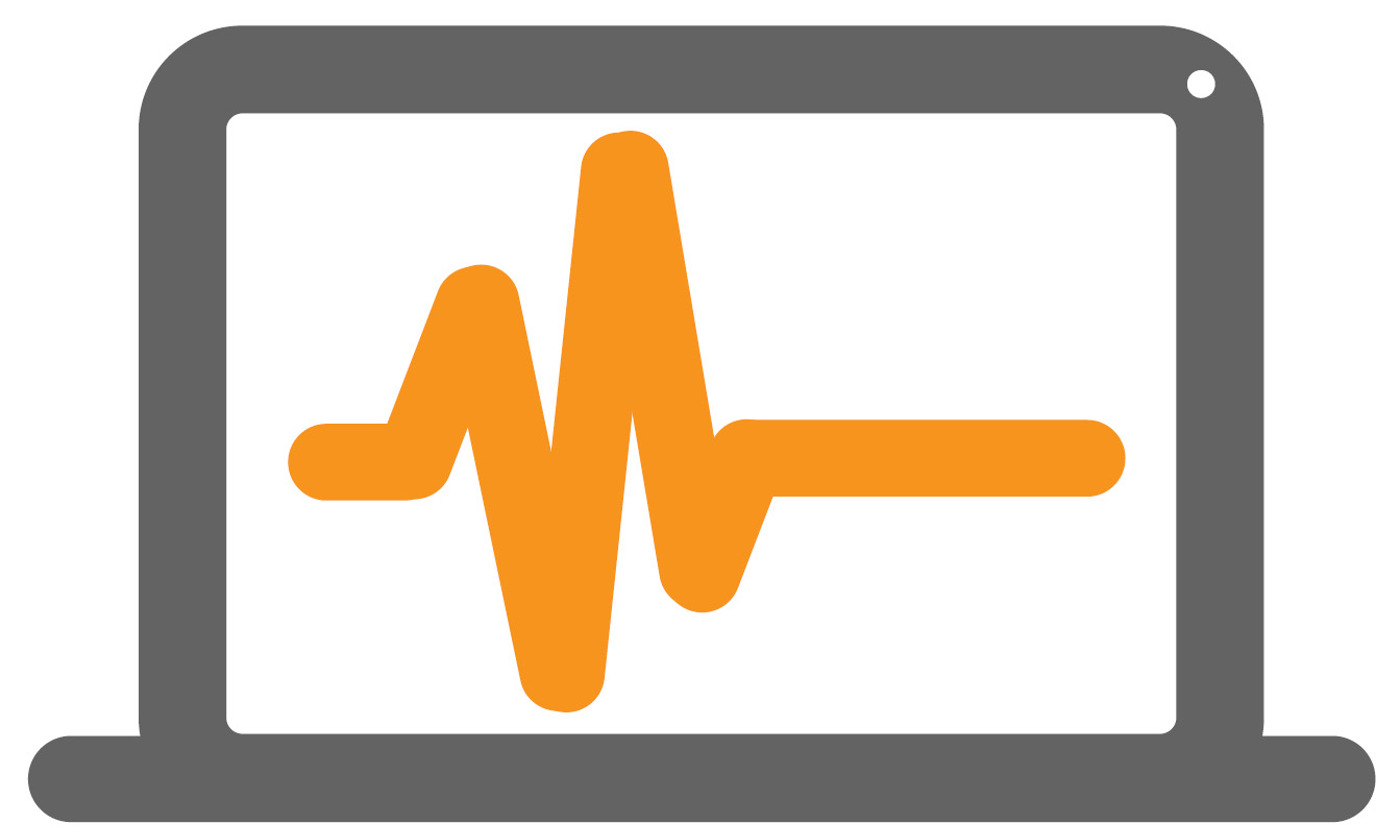 Grey and orange icon describing diagnostic and health monitoring on a display computer.