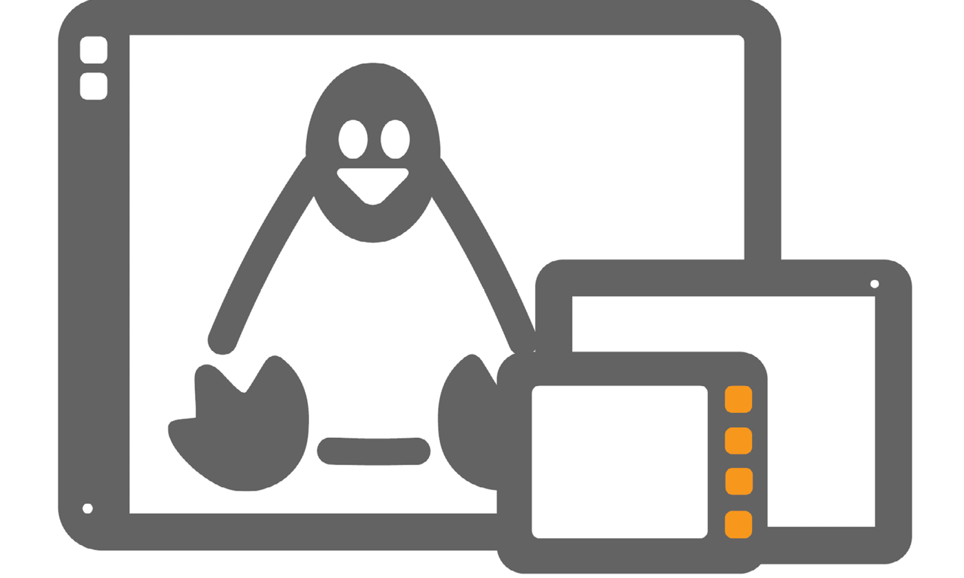 Graphic display computers with Linux icon in one of the displays.