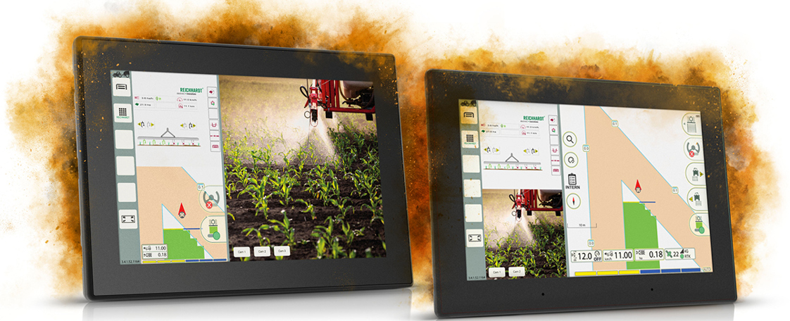 Two displays beside each other with agricultural HMI with orange dust cloud