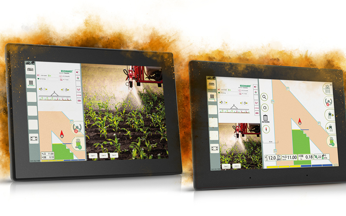 Two displays beside each other with agricultural HMI with orange dust cloud