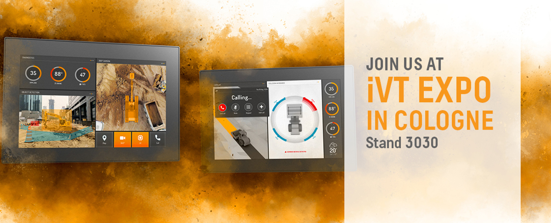 Invite to the IVT Expo in Cologne 2023, two display computers in dust cloud.