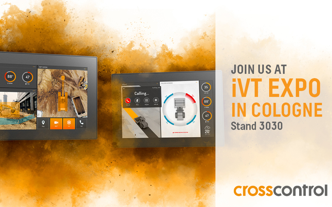 Invite to the IVT Expo in Cologne 2023, two display computers in dust cloud.