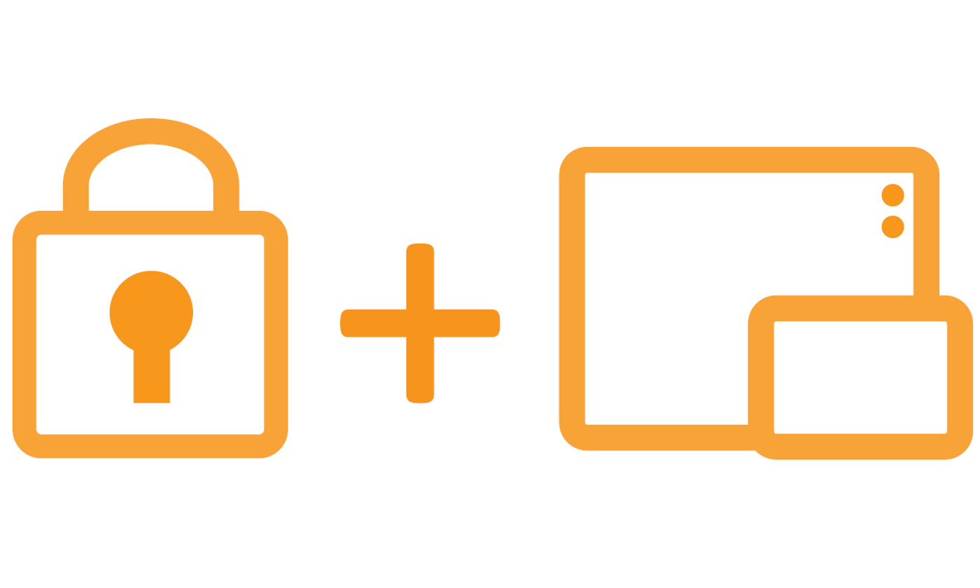 Orange graphic showing a lock and display computers.