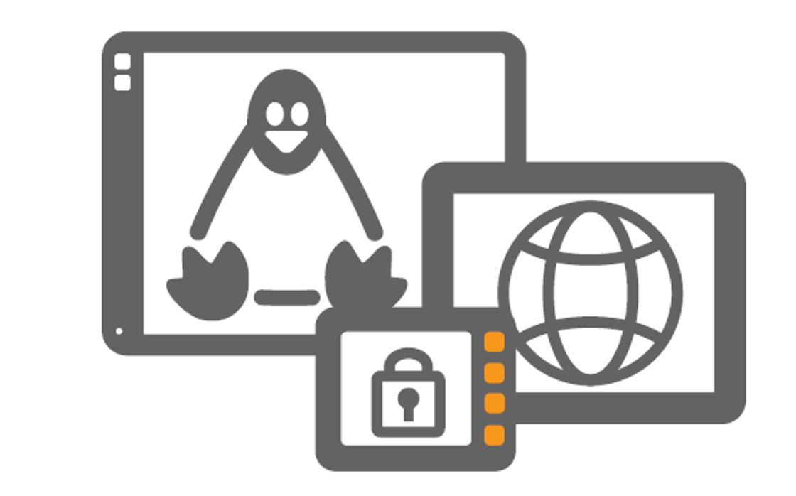 Grey display icons with Linux pingiun on white background.