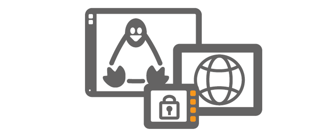 Grey display icons with Linux pingiun on white background.