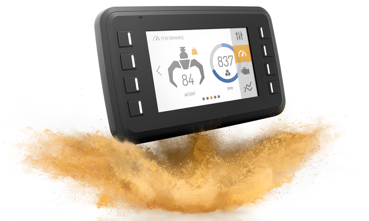 CCpilot VC with HMI, bouncing on white surface with orange dust.